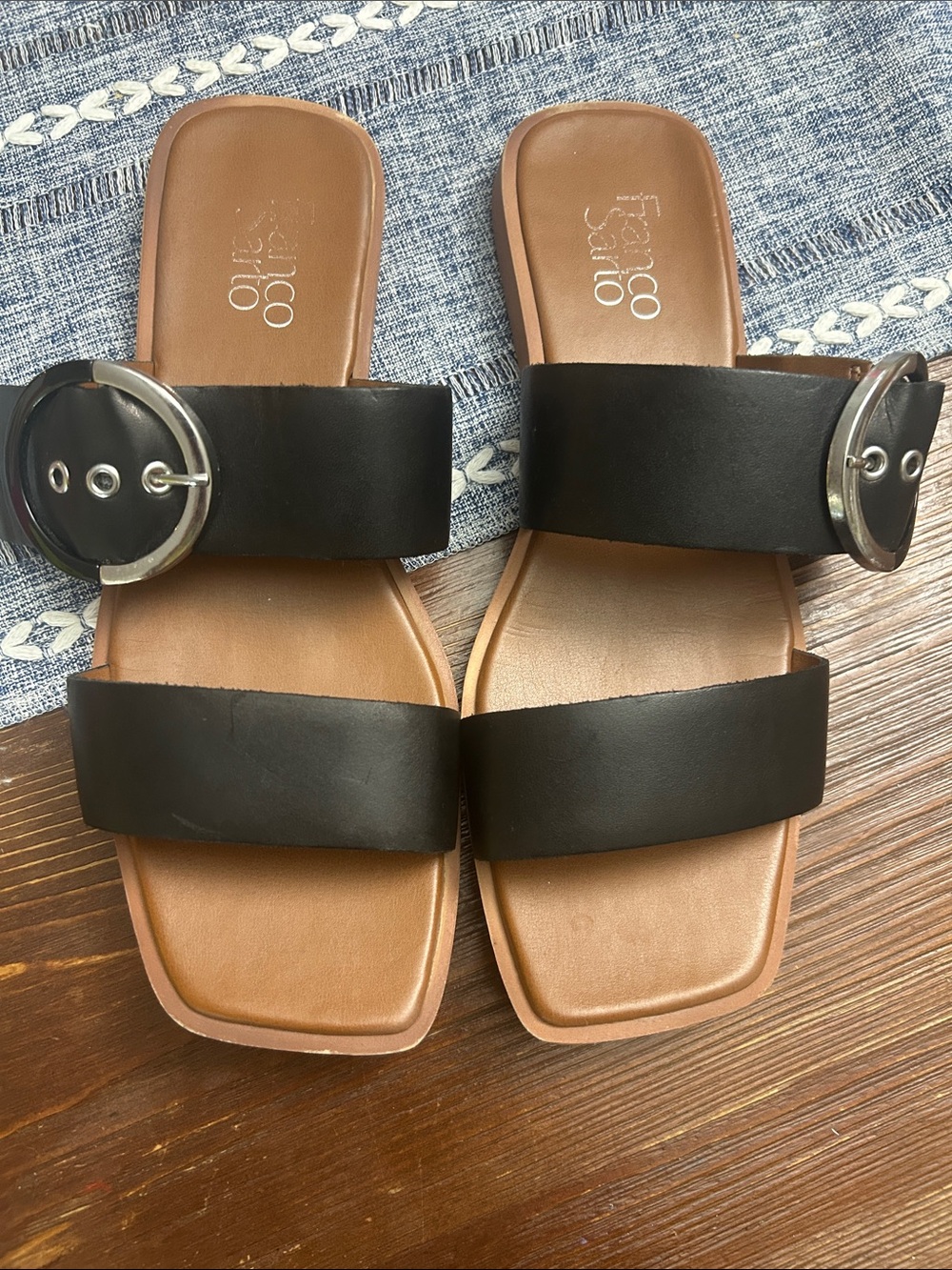 Franco Sarto Black Leather Double-Band Slide Sandals with Silver Buckles